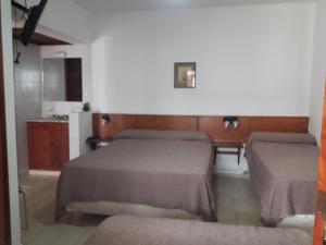 米娜克拉韦罗La Posada del Rey的一间带两张床的卧室和一间带柜台的厨房