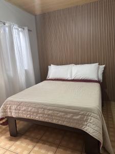 San AntonioCasa Buen Agüero的卧室内的一张带白色床单和枕头的床
