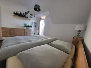 施韦夏特Jana Vienna Airport Apartment的一间卧室配有一张大床和枕头