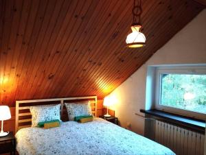 康斯坦钦-耶焦尔纳Nest 4 Rest的一间卧室设有一张带木制天花板和窗户的床。