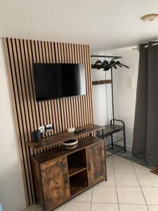 蒂恩奎克斯appart studio complet RDC de maison avec extérieur的客厅的墙上配有电视