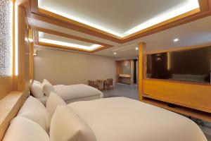 束草市Sokcho Mir Hotel的配有一张床和一台平面电视的酒店客房