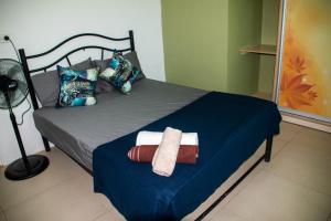 南迪Fijian Homestay - 3 bedroom house的一间卧室配有一张床,上面有两条毛巾
