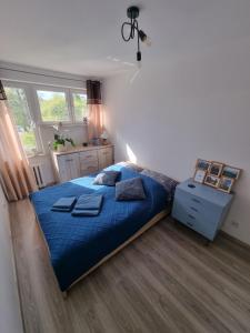 苏瓦乌基M&M Suwałki Centrum的一间设有蓝色床的卧室,位于带窗户的房间内