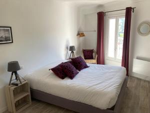 阿普特LE PETIT HERMITAGE的一间卧室配有一张带紫色枕头的床和窗户。