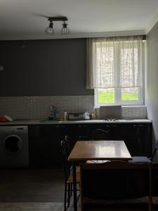 卡兹贝吉Guest house chavchavadze N23的厨房配有桌子、水槽和窗户