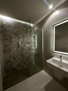 安曼Pasha Boutique Hotel的带淋浴、盥洗盆和镜子的浴室
