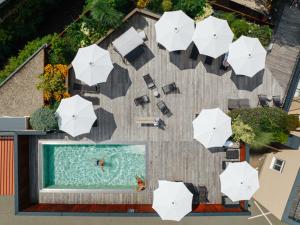 施泰因茨斯坦泽霍夫酒店的享有带遮阳伞的游泳池的顶部景致