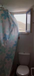 皮索利瓦迪Καραμπεικο的一间带卫生间和淋浴帘的浴室