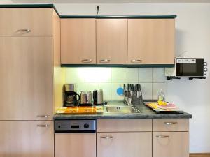 黑灵斯多夫Haus Inge的一个带木制橱柜和水槽的厨房