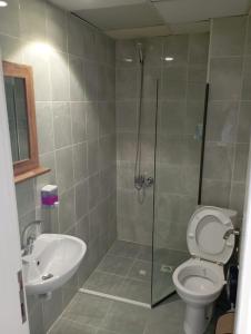 萨姆松Samsun Otel Vidinli的带淋浴、卫生间和盥洗盆的浴室