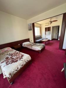 贝鲁特Rawche 30 Universal Apartments的酒店客房,设有两张床,铺有红地毯。