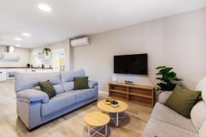 阿尔豪林德拉托里Villa Rio Salado的客厅配有蓝色的沙发和电视