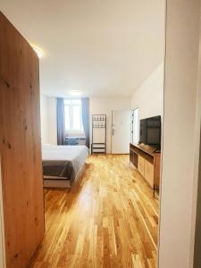 维也纳Sievering18 A-B的一间卧室配有一张床和一台电视,铺有木地板