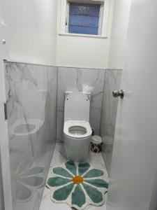 奥克兰Auckland airport holiday home的一间带卫生间和花毯的浴室