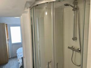 伦敦Rooms at EEJ homes的浴室里设有玻璃门淋浴