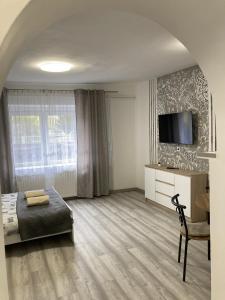 沙罗什保陶克Kucko Vendeghaz Guesthouse的一间卧室配有一张床、一台电视和一把椅子