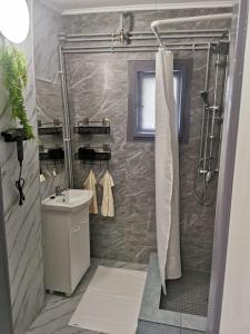 沙罗什保陶克Kucko Vendeghaz Guesthouse的带淋浴、水槽和卫生间的浴室