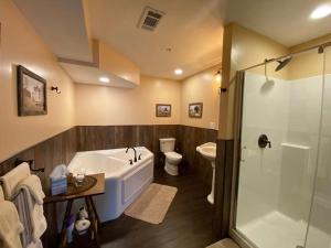 盖茨堡The Swope Manor Bed & Breakfast的带浴缸、卫生间和淋浴的浴室。