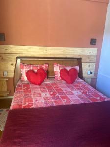 卡瓦坎特Pousada Recanto do Tucano的一张带两个红色枕头的床,上面有心
