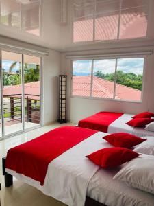 比亚维森西奥Finca El Descanso的一间卧室配有两张带红色枕头的床和窗户。