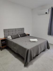 伊帕廷加Executivo Veneza的一间卧室配有一张大床和两条毛巾