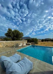 卡尔帕索斯Eleon Luxury Villa的庭院内带枕头的游泳池