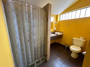 瓦拉斯Habitaciones La Casona的带淋浴、卫生间和盥洗盆的浴室