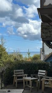 GulvalThe Coldstreamer的两张野餐桌和长凳,就坐在海边