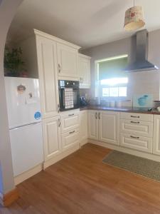 特拉利Kilmore Beach Apartment的厨房配有白色橱柜和白色冰箱。