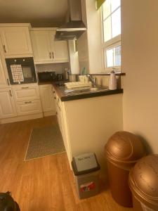 特拉利Kilmore Beach Apartment的厨房配有白色橱柜、水槽和窗户。