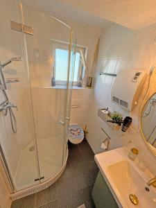 加利福尼亚Meerblick Apartment Bünning的带淋浴和盥洗盆的浴室