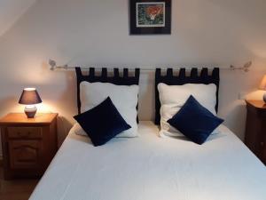 LuzilléGîte Luzillé, 3 pièces, 4 personnes - FR-1-381-303的一间卧室配有一张带蓝色和白色枕头的床