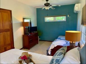 霍普金斯Los Mangoes的一间卧室设有两张床和蓝色的墙壁