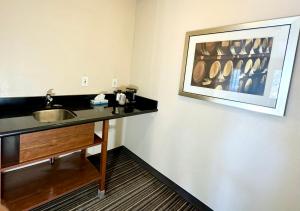 马丁内斯Motel 6 Martinez, CA的一间带水槽的浴室和墙上的照片