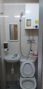香港NEW WASHINGTON GUEST HOUSE B1,B2 B LOCK 13 FLOOR CHUNG KING MANSHION, 36-44 NATHAN ROAD KOWLOON HONG KONG的一间带卫生间和水槽的小浴室