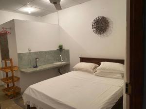 科伦坡Suji's Villa的卧室配有白色的床和水槽