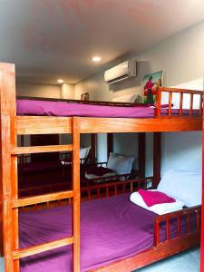贡布竹制简易别墅度假村的客房设有三张双层床和紫色床单