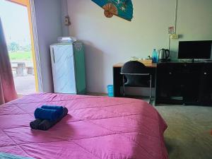 清莱六个自然度假酒店的一间卧室配有粉红色的床,上面有蓝色的物体