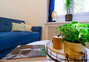格但斯克BaySide Apartments City Center的客厅配有蓝色的沙发和植物桌子