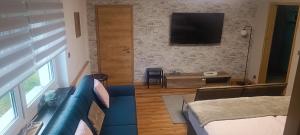 NiederwiesaHaus MaRi的客厅配有蓝色的沙发和电视
