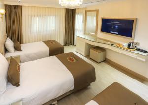 伊斯坦布尔Safa Hotel Old City的酒店客房设有两张床和一台平面电视。