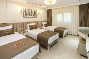 伊斯坦布尔Safa Hotel Old City的酒店客房设有三张床和吊灯。