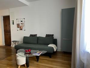 里昂Cosy Appartement Lyon Valmy - parking的客厅配有绿色沙发和桌子