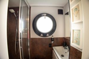 蓬塔德尔加达The Homeboat Company Ponta Delgada-Açores的带淋浴、盥洗盆和镜子的浴室