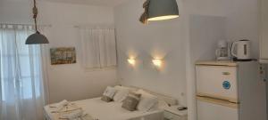 艾丽奇Anixis Studios Aliki Paros的白色的小房间,配有冰箱和沙发