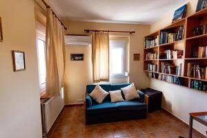 萨摩斯Villa Sofia的客厅配有蓝色的沙发和书架