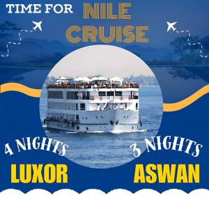 卢克索NILE CRUISE NET Every Monday from Luxor 4 nights & every Friday from Aswan 3 nights的一艘在水面上的游轮,有一段文字的里程巡航时间和夜晚