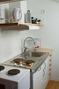 里克斯格伦森卡特约克旅游旅舍的一间带水槽和炉灶的小厨房