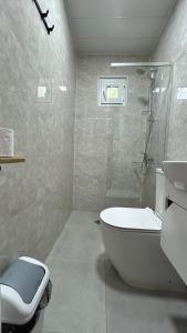 拉戈代希Ludwig Guesthouse的带淋浴、卫生间和浴缸的浴室
